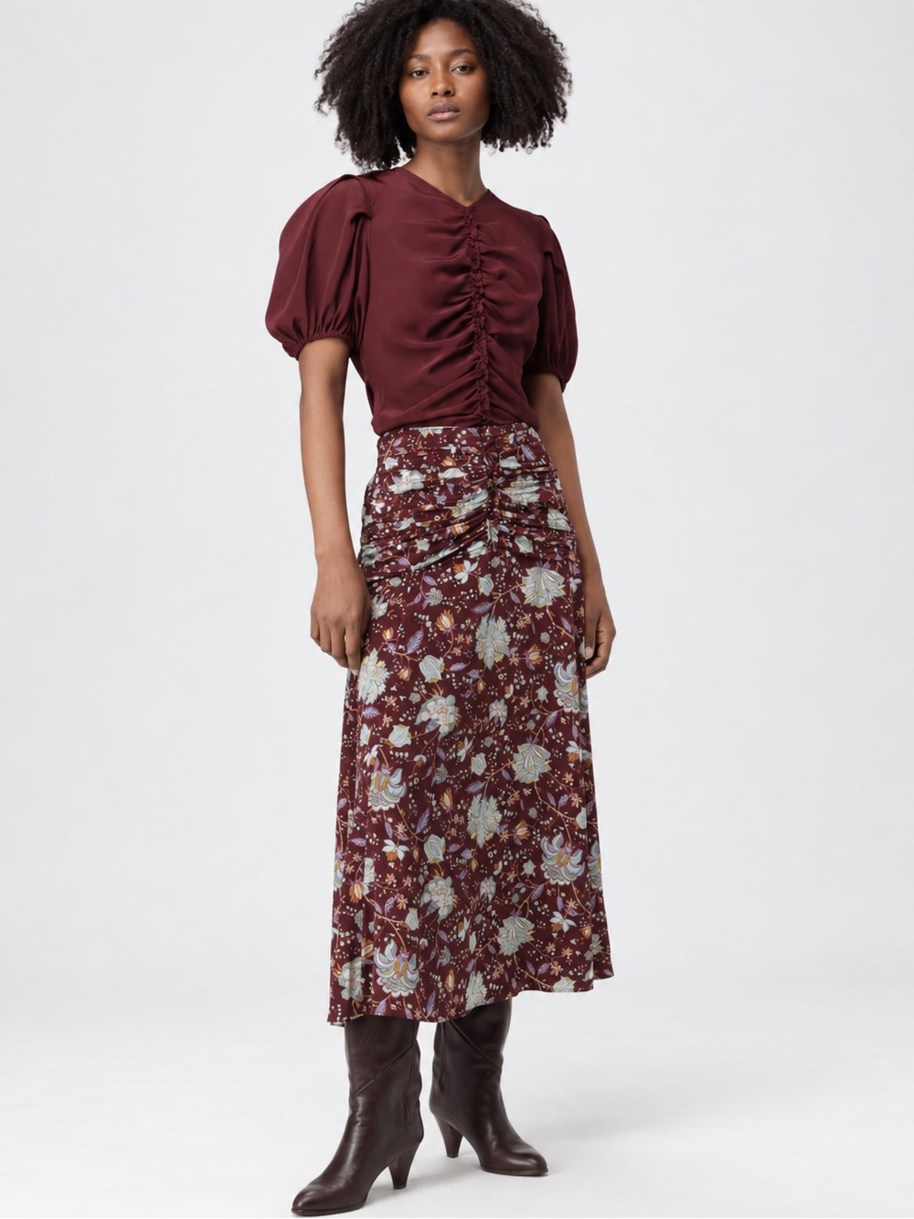 Ulla Johnson Imani Heliotrope Floral Ruched Silk Midi Skirt Size 10